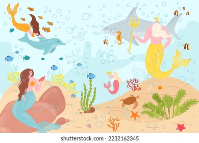 Underwater sea life, mermaid swim with cartoon fish in ocean, vector illustration. Fantasy girl character near beautiful coral nature.