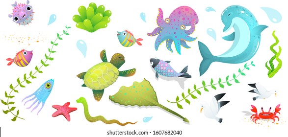 Underwater Sea Life, Ocean Creatures Clipart Collection Isolated On White. Cute Kids Sea Creatures Set: Dolphin, Sea Star, Fishes And Squid, Crab And Other Amusing Underwater Creatures Cartoon.