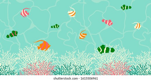 Underwater sea life ocean long banner background with coral reef and fish
