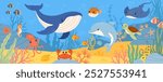 Underwater sea life. Ocean wild marine animals and fish. Cartoon natural undersea world with cute exotic fish, aquatic coral, ocean plant and color algae. Vector scene.