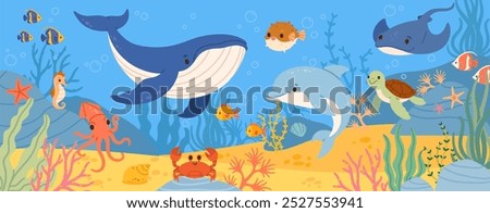 Underwater sea life. Ocean wild marine animals and fish. Cartoon natural undersea world with cute exotic fish, aquatic coral, ocean plant and color algae. Vector scene.