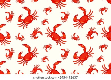 Underwater sea life pattern with cute red watercolor crabs on white background