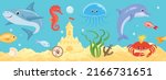Underwater sea life seamless banner. Undersea landscape with cute shark, dolphin, crab, fish, jellyfish, seahorse, and travel stuff. Vector cartoon illustration of ocean animals and fish.