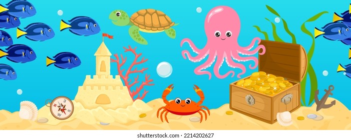 Banner transparente de la vida marina submarina. Paisaje submarino con tortuga linda, pulpo, cangrejo, tanque azul, castillo de arena y pecho lleno de monedas de oro. Dibujo vectorial de animales y peces oceánicos.