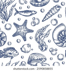 Underwater sea life seamless pattern with fishes, seashells, seaweeds. Vector hand drawn sketch ocean illustration. Marine aquarium background. Fashion textile print, fabric, wrapping paper design