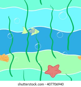 Underwater sea life seamless pattern in pastel colors, hand drawn vector illustration
