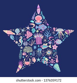 Underwater sea life t-shirt print in star shape with algae, corals, fishes, clams, shells and medusas. Ocean coral reef animals and plants. Tropical marine creatures of undersea world.