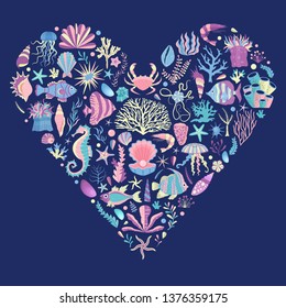 Underwater sea life t-shirt print in heart shape with algae, corals, fishes, clams, shells and medusas. Ocean coral reef animals and plants. Tropical marine creatures of undersea world.