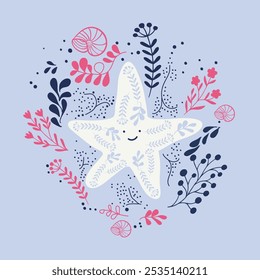 Camiseta con estampado de vida marina submarina en forma de estrella con algas, corales, peces, almejas, conchas y medusas. Animales y plantas de los arrecifes de coral oceánicos. Marina tropical