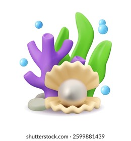 Underwater sea life vector 3d design. Coral, seaweed, shell with pearl and water bubbles illustration. Cartoon cute composition isolated on white background