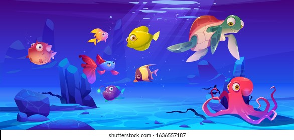 Underwater Sea Life. Vector Cartoon Illustration Of Ocean Animals And Fish. Undersea Landscape With Cute Octopus, Turtle And Different Fish. Funny Aquatic Creatures