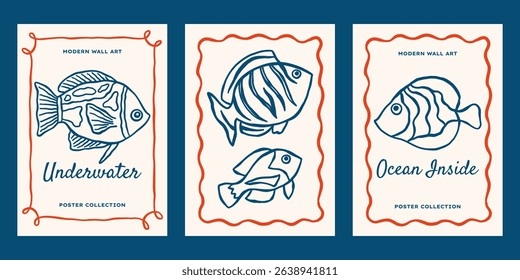 Underwater sea life vector posters set. Minimalist retro print designs with outline ocean fishes illustrations in whimsical frames