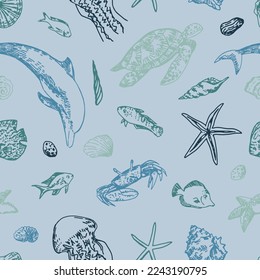 Underwater sea life vector seamless pattern. Exotic fish, dolphin, starfish, shells, crab, turtle, jellyfish outline drawings. Abstract ornament of tropical ocean animals.