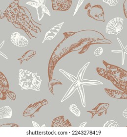 Underwater sea life vector seamless pattern. Exotic fish, dolphin, starfish, shells, turtle, jellyfish outline drawings. Abstract ornament of tropical ocean animals.
