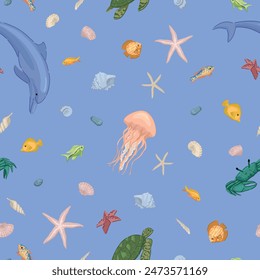 Patrón sin fisuras de Vector de vida marina submarina. Peces exóticos, delfines, estrellas de mar, conchas, cangrejos, tortugas, medusas. Abstractas adorno de animales oceánicos tropicales.