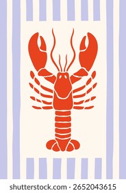 Underwater sea lobster vector illustration. Minimalist retro poster design with ocean creature on striped background