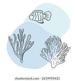 Planta náutica submarina, Seastar, coral e algas. Esboço marinho tropical aquático.  Coleções de arte desenhadas à mão 