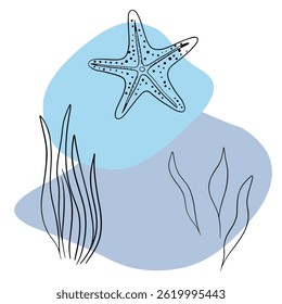 Planta náutica submarina, Seastar, coral e algas. Esboço marinho tropical aquático.  Coleções de arte desenhadas à mão 