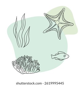 Planta náutica submarina, Seastar, coral e algas. Esboço marinho tropical aquático.  Coleções de arte desenhadas à mão 