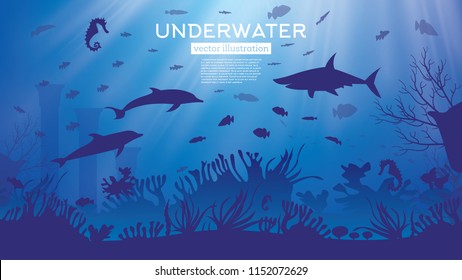 Underwater Sea or Ocean Background with Seaweed and Fish. Vector Illustration. Marine Reef Scene with Sharks.