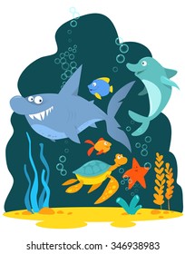 Underwater sea ocean scene with fish animal turtle coral plant cartoon vector illustration