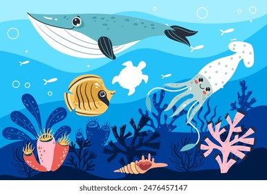 Underwater sea ocean world fish abstract concept. Vector graphic design illustration	