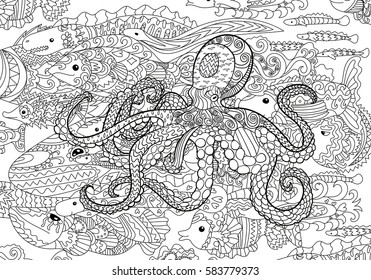 Underwater sea octopus in zentangle style. Adult antistress coloring page. Black white hand drawn doodle oceanic animal for art therapy. Full marine background with high details. Vector