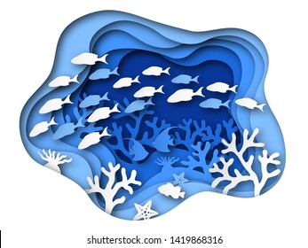 Underwater sea paper cut. Ocean bottom reefs with sea animals, corals and fish, seaweed. Blue seabed paper water origami vector background