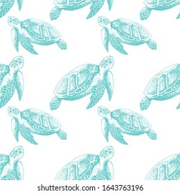Underwater Sea Pattern. Detailed Loggerhead Turtle Floating Deep in the Water Vector Wallpaper. Graphic Marine Life Concept