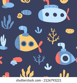 Underwater sea pattern with submarine and corals. Seamless doodle vector print of seabed.