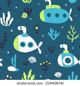 Underwater sea pattern with submarine and corals. Seamless doodle vector print of ocean floor.