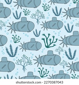 Underwater sea pattern with submarine and corals. Seamless doodle vector print of ocean floor.