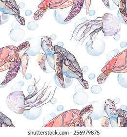 Underwater sea pattern. Sea turtles and jellyfish. Ocean vector.