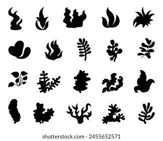 Underwater sea plants. Silhouette Image. Seaweeds. Aquarium planting. Hand drawn style. Vector drawing. Collection of design elements.