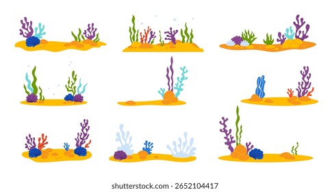 Plantas submarinas. Flora tropical, algas marinhas, conchas e coral na coleta de fundos marinhos arenosos. Paisagens submarinas isoladas sobre fundo branco. Estilo plano de ilustração vetorial 