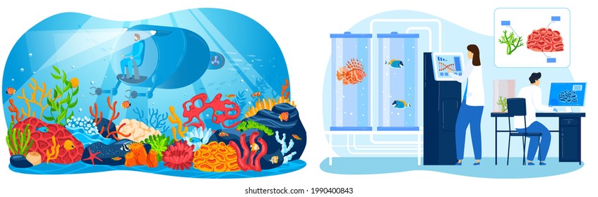 Underwater Sea Research, Vector Illustration, Flat Man Character Use Aquatic Equipment To Explore Marine Nature, Modern Submarine In Deep Ocean