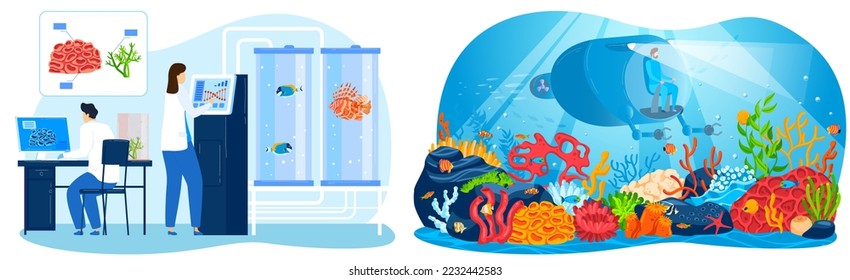 Investigación submarina, ilustración vectorial, carácter de hombre plano utiliza equipos acuáticos para explorar la naturaleza marina, submarinos modernos en los fondos oceánicos