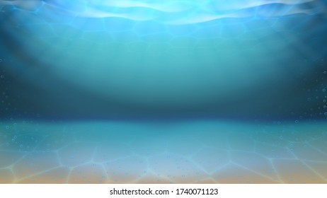 Underwater Sea Sandy Bottom And Bubbles Vector. Diving Underwater Seascape. Purity Undersea Water, Aquatic Waterscape Abyss With Sand And Sunshine Light Layout Realistic 3d Illustration