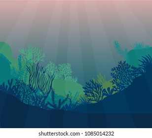 Underwater sea scene. Realistic seascape with reef. Ocean bottom silhouette of seaweed, grass, algae and corals. Beautiful marine vector illustration.