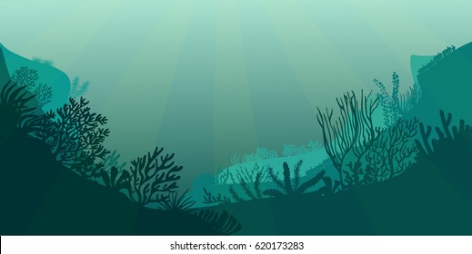 Underwater sea scene. Realistic seascape with reef. Ocean bottom silhouette of seaweed, grass, algae and corals. Beautiful marine vector illustration.