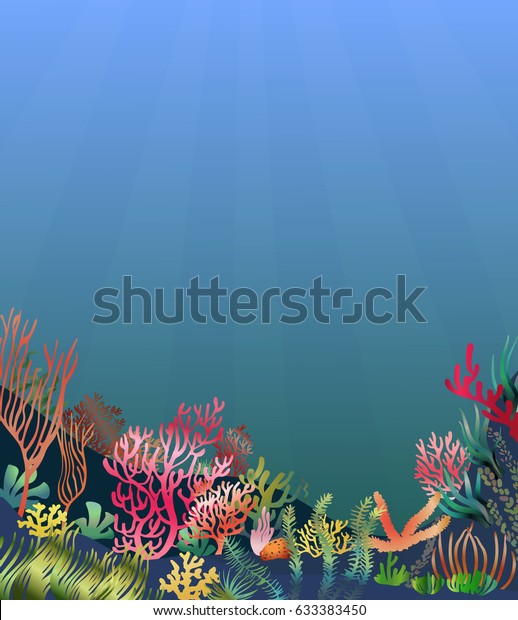 水中の海の風景 礁を持つリアルな海岸 海藻 草 藻 サンゴの海底シルエット 美しい海洋のベクターイラスト のベクター画像素材 ロイヤリティフリー