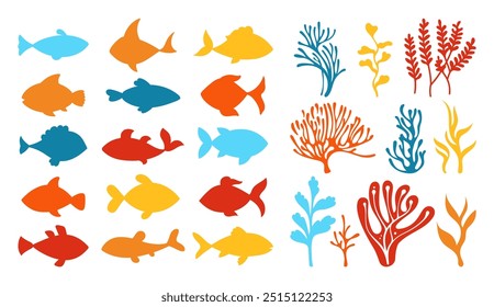 Conjunto de dibujos animados de silueta de peces y coral de algas marinas submarinas. Océano abstracto arrecife de coral, marino o acuario ilustración infantil. Ilustración vectorial de fondo de paisaje marino naive de diseño exótico submarino