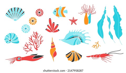 Underwater sea set of elements shells, fish, coral, shrimp, anemone, see plants, 
squid. Sea life elements.Vector