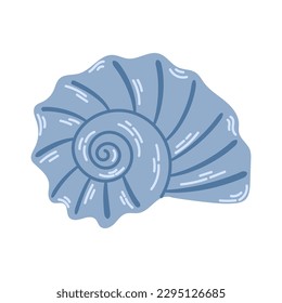 Underwater sea shell of round spiral shape. Striped clam shell. Modern flat style illustration isolated on white background.