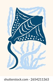 Underwater sea stingray vector illustration. Minimalist retro poster design with ocean fish, seaweeds