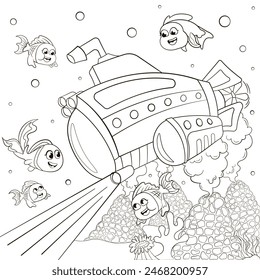 Underwater sea submarine coloring page for kids, marine transport with cute fish for children