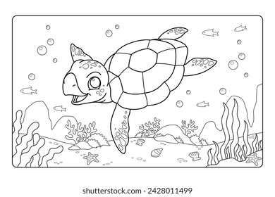 Dibujos animados de tortuga marina submarina para colorear Page BW