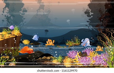 Underwater Sea - Vector Illustration with rock cliffs and coral reefs, fish habitats and silhouettes of marlin fish on the orange sea background, underwater life, vast ocean views.