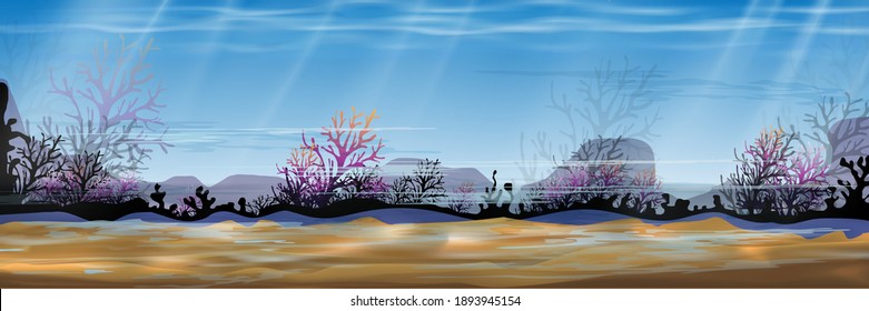 Underwater sea with wave in deep blue on the island,Panorama bottom of ocean with sun ray shining,Silhouette of coral,Vector horizon marine or sea life for summer background
