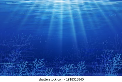 Underwater sea with wave in deep blue in island,Bottom of ocean with sun ray shining through underwater creatures,coral reef,Silhouette of coral,Vector horizon marine or sea life for summer background